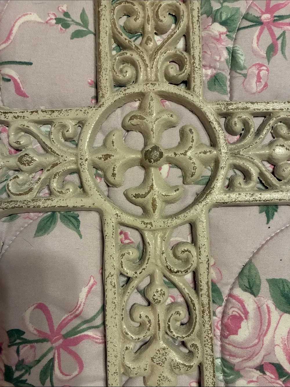 Large Ornate Cast Iron Wall Cross in Distressed Cream